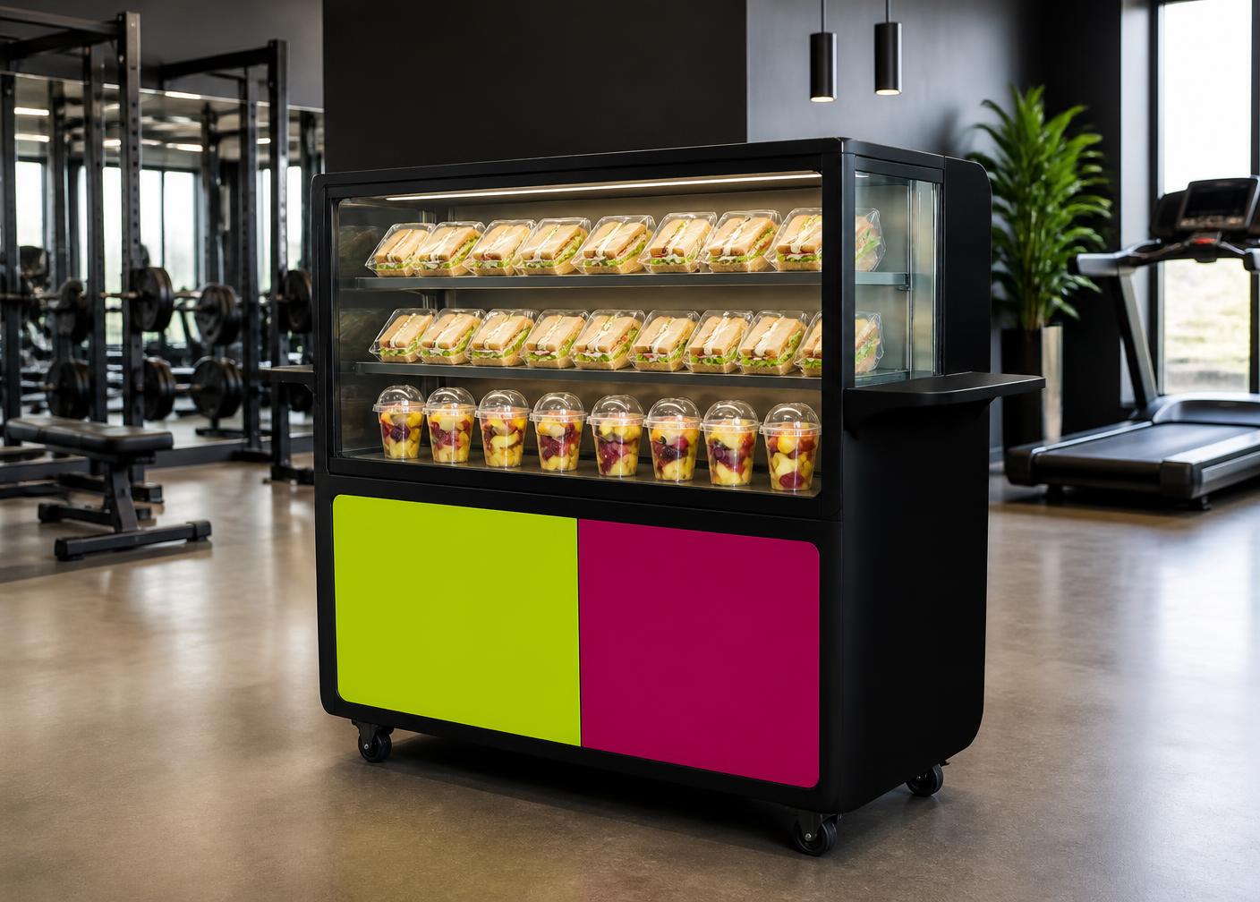Carrinho Vitrine Sabor Fit com lanches naturais e saladas de frutas dentro de uma academia